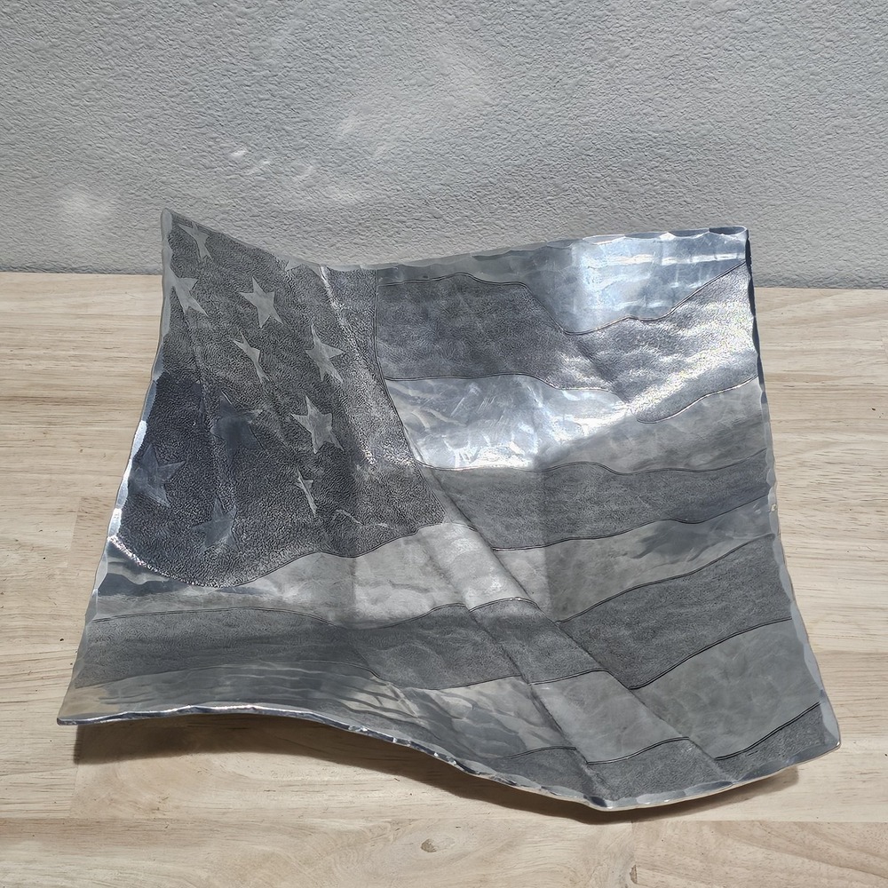 Wendell August Forge 12" Square Dish, Wavy American Flag  Shiny Aluminum Signed